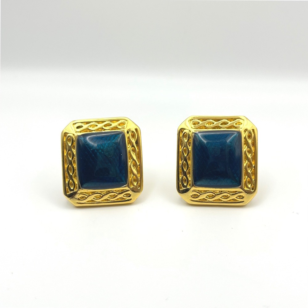 Gold Tone Square Clip On Earrings Deep Teal Blue Enamel